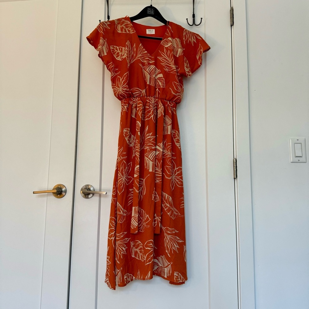 Sienna Sky orange floral leave cap sleeve dress with pockets xs